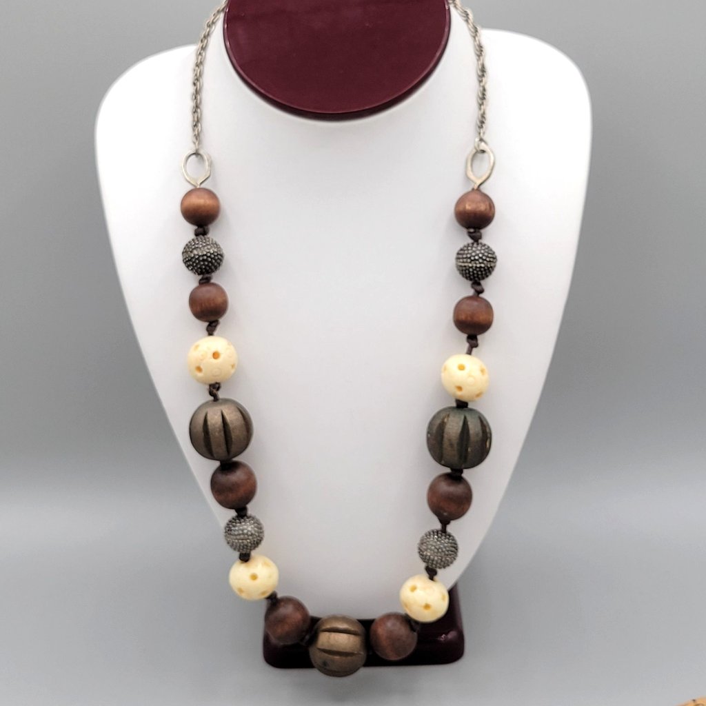 Chunky Boho Necklace Carved And Smooth Wooden Beads Hand Knotted Silver Tone
